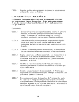66
PDC.8.11 Examina posibles alternativas para la solución de problemas que
enfrentan los países en América.
CONCIENCIA CÍVICA Y DEMOCRÁTICA:
El estudiante comprende la importancia de regirse por los principios
que emanan de un sistema democrático y de ser un ciudadano capaz
de aportar mejoramiento a la calidad de vida dentro de la comunidad
a la que pertenece.
El estudiante:
CCD.8.1 Explica con ejemplos conceptos tales cómo: sistema de gobierno,
metrópoli, absolutismo, participación ciudadana, monarquía,
imperio, independencia, caudillismo, oligarquía, dictadura,
populismo, constitución, representación, Estado y repúblicas.
CCD.8.2 Demuestra cómo el poder ejercido por las potencias europeas
influyó en el desarrollo de sus colonias en América: poder
decisional en la metrópoli, exclusión de los criollos en posiciones
de poder.
CCD.8.3 Contrasta sistemas de gobierno democráticos y no democráticos
que han operado en América en diferentes momentos históricos.
CCD.8.4 Explica problemas y conflictos relacionados con el desarrollo de la
democracia en el contexto de diferentes realidades sociales y
políticas de las Américas: golpes de estado, gobiernos militares
caudillismo, dictaduras.
CCD.8.5 Identifica la democracia como un sistema que reconoce los
derechos y deberes del ciudadano al que aspiran los pueblos que
conforman América.
CCD.8.6 Describe situaciones dentro de las sociedades de América que
requieren la solución de conflictos para conseguir un trato más justo
y equitativo para sus ciudadanos.
CCD.8.7 Demuestra experiencias de los países de América en las cuales
los procesos de diálogo constituyen una expresión democrática
que aporta a la solución de problemas: defensa de las comunidades
indígenas, acuerdos de paz, combate al terrorismo y al narcotráfico,
derechos de la mujer, desarrollo comunitario.
 