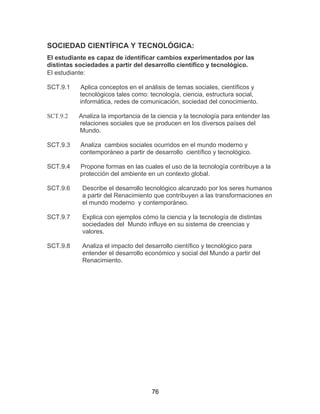 76
SOCIEDAD CIENTÍFICA Y TECNOLÓGICA:
El estudiante es capaz de identificar cambios experimentados por las
distintas sociedades a partir del desarrollo científico y tecnológico.
El estudiante:
SCT.9.1 Aplica conceptos en el análisis de temas sociales, científicos y
tecnológicos tales como: tecnología, ciencia, estructura social,
informática, redes de comunicación, sociedad del conocimiento.
SCT.9.2 Analiza la importancia de la ciencia y la tecnología para entender las
relaciones sociales que se producen en los diversos países del
Mundo.
SCT.9.3 Analiza cambios sociales ocurridos en el mundo moderno y
contemporáneo a partir de desarrollo científico y tecnológico.
SCT.9.4 Propone formas en las cuales el uso de la tecnología contribuye a la
protección del ambiente en un contexto global.
SCT.9.6 Describe el desarrollo tecnológico alcanzado por los seres humanos
a partir del Renacimiento que contribuyen a las transformaciones en
el mundo moderno y contemporáneo.
SCT.9.7 Explica con ejemplos cómo la ciencia y la tecnología de distintas
sociedades del Mundo influye en su sistema de creencias y
valores.
SCT.9.8 Analiza el impacto del desarrollo científico y tecnológico para
entender el desarrollo económico y social del Mundo a partir del
Renacimiento.
 