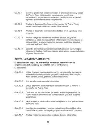 78
CC.10.7 Identifica problemas relacionados con el proceso histórico y social
de Puerto Rico: militarización, dependencia económica,
nacionalismo, migraciones constantes, cambio de una sociedad
agraria a sociedad industrial y al presente.
CC.10.8 Analiza la diversidad histórica en los pueblos de Puerto Rico y
valora cambios producidos a través de la historia.
CC.10.9 Analiza el desarrollo político de Puerto Rico en el siglo XX y en el
presente.
CC.10.10
CC.10.11
Analiza imágenes contenidas en obras de arte, fotografías,
periódicos u otros medios gráficos y fílmicos de relevancia para la
comprensión y la interpretación de cambios históricos, sociales y
culturales de Puerto Rico.
Describe elementos que caracterizan la historia de su municipio,
tales como: hechos históricos, rasgos geográficos, rasgos culturales
y figuras destacadas.
GENTE, LUGARES Y AMBIENTE:
El estudiante es capaz de analizar los elementos esenciales de la
organización del espacio y su relación con el ser humano.
El estudiante:
GLA.10.1 Utiliza diversas fuentes de información para describir los rasgos
sobresalientes del ambiente geográfico de Puerto Rico: mapas,
fotos aéreas, tablas, gráficas, datos estadísticos.
GLA.10.2 Usa escalas para computar distancias.
GLA.10.3 Utiliza diferentes tipos de mapas relacionados con la historia y
geografía de Puerto Rico.
GLA.10.4 Contrasta las peculiaridades del medio ambiente geográfico de
Puerto Rico en el contexto de su localización y de sus regiones
geográficas.
GLA.10.5 Explica cómo la localización absoluta impacta la vida y el ambiente
de Puerto Rico.
GLA.10.6 Identifica los principales recursos naturales de Puerto Rico y los
clasifica de acuerdo a la región geográfica donde están ubicados.
GLA.10.7 Analiza imágenes contenidas en obras de arte, fotografías,
 