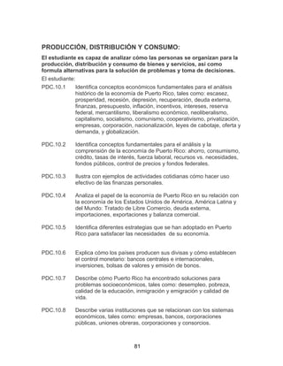 81
PRODUCCIÓN, DISTRIBUCIÓN Y CONSUMO:
El estudiante es capaz de analizar cómo las personas se organizan para la
producción, distribución y consumo de bienes y servicios, así como
formula alternativas para la solución de problemas y toma de decisiones.
El estudiante:
PDC.10.1
PDC.10.2
Identifica conceptos económicos fundamentales para el análisis
histórico de la economía de Puerto Rico, tales como: escasez,
prosperidad, recesión, depresión, recuperación, deuda externa,
finanzas, presupuesto, inflación, incentivos, intereses, reserva
federal, mercantilismo, liberalismo económico, neoliberalismo,
capitalismo, socialismo, comunismo, cooperativismo, privatización,
empresas, corporación, nacionalización, leyes de cabotaje, oferta y
demanda, y globalización.
Identifica conceptos fundamentales para el análisis y la
comprensión de la economía de Puerto Rico: ahorro, consumismo,
crédito, tasas de interés, fuerza laboral, recursos vs. necesidades,
fondos públicos, control de precios y fondos federales.
PDC.10.3 Ilustra con ejemplos de actividades cotidianas cómo hacer uso
efectivo de las finanzas personales.
PDC.10.4 Analiza el papel de la economía de Puerto Rico en su relación con
la economía de los Estados Unidos de América, América Latina y
del Mundo: Tratado de Libre Comercio, deuda externa,
importaciones, exportaciones y balanza comercial.
PDC.10.5 Identifica diferentes estrategias que se han adoptado en Puerto
Rico para satisfacer las necesidades de su economía.
PDC.10.6 Explica cómo los países producen sus divisas y cómo establecen
el control monetario: bancos centrales e internacionales,
inversiones, bolsas de valores y emisión de bonos.
PDC.10.7 Describe cómo Puerto Rico ha encontrado soluciones para
problemas socioeconómicos, tales como: desempleo, pobreza,
calidad de la educación, inmigración y emigración y calidad de
vida.
PDC.10.8 Describe varias instituciones que se relacionan con los sistemas
económicos, tales como: empresas, bancos, corporaciones
públicas, uniones obreras, corporaciones y consorcios.
 
