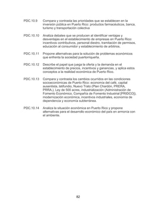 82
PDC.10.9 Compara y contrasta las prioridades que se establecen en la
inversión pública en Puerto Rico: productos farmacéuticos, banca,
turismo y transportación colectiva
PDC.10.10 Analiza debates que se producen al identificar ventajas y
desventajas en el establecimiento de empresas en Puerto Rico:
incentivos contributivos, personal diestro, tramitación de permisos,
educación al consumidor y establecimiento de arbitrios.
PDC.10.11 Propone alternativas para la solución de problemas económicos
que enfrenta la sociedad puertorriqueña.
PDC.10.12 Describe el papel que juega la oferta y la demanda en el
establecimiento de precios, incentivos y ganancias, y aplica estos
conceptos a la realidad económica de Puerto Rico.
PDC.10.13 Compara y contrasta los cambios ocurridos en las condiciones
socioeconómicas de Puerto Rico: economía del café, capital
ausentista, latifundio, Nuevo Trato (Plan Chardón, PRERA,
PRRA,), Ley de 500 acres, industrialización (Administración de
Fomento Económico, Compañía de Fomento Industrial [PRIDCO]),
modernización económica, incentivos industriales, economía de
dependencia y economía subterránea.
PDC.10.14 Analiza la situación económica en Puerto Rico y propone
alternativas para el desarrollo económico del país en armonía con
el ambiente.
 