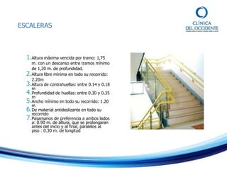 ESCALERAS
1.Altura máxima vencida por tramo: 1,75
m. con un descanso entre tramos mínimo
de 1,20 m. de profundidad.
2.Altura libre mínima en todo su recorrido:
2.20m
3.Altura de contrahuellas: entre 0.14 y 0.18
m
4.Profundidad de huellas: entre 0.30 y 0.35
m
5.Ancho mínimo en todo su recorrido: 1.20
m
6.De material antideslizante en todo su
recorrido
7.Pasamanos de preferencia a ambos lados
a: 0.90 m. de altura, que se prolongaran
antes del inicio y al final, paralelos al
piso : 0.30 m. de longitud
 