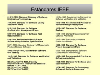 Estándares IEEE
• 610.12-1990 Standard Glossary of Software
Engineering Terminology
730-2002, Standard for Software Quality
Assurance Plans
828-1998, Standard for Software
Configuration Management Plans
829-1998, Standard for Software Test
Documentation
830-1998, Recommended Practice for
Software Requirements Specifications
982.1-1988, Standard Dictionary of Measures to
Produce Reliable Software
1008-1987 (R1993), Standard for Software
Unit Testing
1012-1998, Standard for Software Verification
and Validation
IEEE/EIA 12207.0-1996, Industry
Implementation of International Standard
ISO/IEC 12207: 1995
IEEE/EIA 12207.1-1996,
IEEE/EIA 12207.2-1997,
• 1012a-1998, Supplement to Standard for
Software Verification and Validation
1016-1998, Recommended Practice for
Software Design Descriptions
1028-1997, Standard for Software
Reviews
1044-1993, Standard Classification for
Software Anomalies
1045-1992, Standard for Software
Productivity Metrics
1058-1998, Standard for Software
Project Management Plans
1061-1998, Standard for a Software
Quality Metrics Methodology
1062-1998, Recommended Practice for
Software Acquisition
1063-2001, Standard for Software User
Documentation
1074-1997, Standard for Developing
Software Life Cycle Processes
 