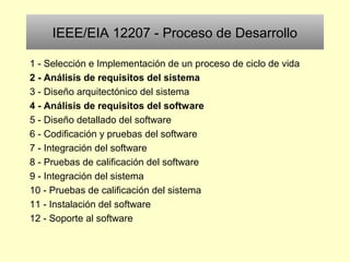 IEEE/EIA 12207 - Proceso de Desarrollo
1 - Selección e Implementación de un proceso de ciclo de vida
2 - Análisis de requisitos del sistema
3 - Diseño arquitectónico del sistema
4 - Análisis de requisitos del software
5 - Diseño detallado del software
6 - Codificación y pruebas del software
7 - Integración del software
8 - Pruebas de calificación del software
9 - Integración del sistema
10 - Pruebas de calificación del sistema
11 - Instalación del software
12 - Soporte al software
 