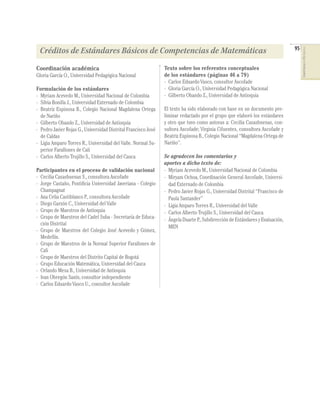 95
COMPETENCIASENMATEMÁTICAS
Coordinación académica
Gloria García O., Universidad Pedagógica Nacional
Formulación de los estándares
- Myriam Acevedo M., Universidad Nacional de Colombia
- Silvia Bonilla J., Universidad Externado de Colombia
- Beatriz Espinosa B., Colegio Nacional Magdalena Ortega
de Nariño
- Gilberto Obando Z., Universidad de Antioquia
- Pedro Javier Rojas G., Universidad Distrital Francisco José
de Caldas
- Ligia Amparo Torres R., Universidad del Valle. Normal Su-
perior Farallones de Cali
- Carlos Alberto Trujillo S., Universidad del Cauca
Participantes en el proceso de validación nacional
- Cecilia Casasbuenas S., consultora Ascofade
- Jorge Castaño, Pontiﬁcia Universidad Javeriana - Colegio
Champagnat
- Ana Celia Castiblanco P., consultora Ascofade
- Diego Garzón C., Universidad del Valle
- Grupo de Maestros de Antioquia
- Grupo de Maestros del Cadel Suba - Secretaría de Educa-
ción Distrital
- Grupo de Maestros del Colegio José Acevedo y Gómez,
Medellín.
- Grupo de Maestros de la Normal Superior Farallones de
Cali
- Grupo de Maestros del Distrito Capital de Bogotá
- Grupo Educación Matemática, Universidad del Cauca
- Orlando Mesa B., Universidad de Antioquia
- Ivan Obregón Sanín, consultor independiente
- Carlos Eduardo Vasco U., consultor Ascofade
Texto sobre los referentes conceptuales
de los estándares (páginas 46 a 79)
- Carlos Eduardo Vasco, consultor Ascofade
- Gloria García O., Universidad Pedagógica Nacional
- Gilberto Obando Z., Universidad de Antioquia
El texto ha sido elaborado con base en un documento pre-
liminar redactado por el grupo que elaboró los estándares
y otro que tuvo como autoras a: Cecilia Casasbuenas, con-
sultora Ascofade; Virginia Cifuentes, consultora Ascofade y
Beatriz Espinosa B., Colegio Nacional “Magdalena Ortega de
Nariño”.
Se agradecen los comentarios y
aportes a dicho texto de:
- Myriam Acevedo M., Universidad Nacional de Colombia
- Miryam Ochoa, Coordinación General Ascofade, Universi-
dad Externado de Colombia
- Pedro Javier Rojas G., Universidad Distrital “Francisco de
Paula Santander”
- Ligia Amparo Torres R., Universidad del Valle
- Carlos Alberto Trujillo S., Universidad del Cauca
- ÁngelaDuarteP.,SubdireccióndeEstándaresyEvaluación,
MEN
Créditos de Estándares Básicos de Competencias de Matemáticas
 