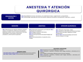 ASC.3 Administración de sadación moderada y profunda:
politicas y procedimientos, diferencias entre pacientes
pediátricos y adultos, control, consentimiento informado,
disponibilidad y uso del equipo, evaluaciones
presedación, control durante recuperación.
SEDACIÓN ANESTESIA ATENCIÓN QUIRÚRGICA
ASC.1 Disponibilidad de servicios de anestesia, con cumplimiento de leyes y reglamentación correspondiente
ASC .2 Anestesiólogo responsable del servicio de anestesia, (elaboracion de politicas y procedimientos, supervisión, y control)
ORGANIZACIÓN Y
GESTIÓN
EXPEDIENTE CLÍNICO
ASC.4/ASC.5/ASC.5.2/ASC.5.3/ASC.6 Documentación del proceso anestésico
ASC.7/ASC.7.2/ASC.7.3/ASC.7.4 Documentación del proceso quirúrgico
EDUCACIÓN Y CAPACITACIÓN
ASC.3 Competencias del anestesiólogo para la sedación
ASC.5.1 Educación a pacientes y familiares sobre riesgos, beneficios y alternativas de la
anestesia
ASC.5.3 Médico anestesiólogo calificado durante el proceso anestésico
ASC.7.1 Educación a pacientes y familiares sobre riesgos, beneficios y alternativas del
procedimiento quirúrgico
ASC.4 Valoraciones preanestesica y pre-inducción. ASC.5
Planificación de la anestesia /
ASC.5.1 Riesgos, beneficios y alternativas
ASC. 5.2 Técnica anestésica
ASC.5.3 Control permanente del estado fisiológico del
pacientes
ASC.6 Control postanestésico, recuperación, alta y
traslado
ASC.7 Planeación prequirúrgica, riesgos,
ASC.7.1 Beneficios y alternativas de la atención quirúrgica
ASC.7.2 Técnica quirúrgica, diagnóstico y estado
postoperatorio
ASC.7.3 / ASC. 7.4 Control fisiológico permanente
durante y después e la cirugía
 