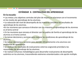 ESTÁNDAR 3: CENTRALIDAD DEL APRENDIZAJE
En la escuela:
• Las metas y los objetivos centrales del plan de mejora se relacionan con el incremento
en los niveles de aprendizaje de los alumnos.
• La valoración del nivel de desempeño de los maestros considera los resultados de
aprendizaje de los alumnos.
•En las reuniones que convoca el director con sus maestros el aprendizaje de los alumnos
es el tema central
• En las reuniones que convoca el director con los padres de familia el aprendizaje de los
alumnos es el tema central.
• Se toman decisiones y acciones para mejorar las condiciones de aprendizaje de los
alumnos.
• Se toman decisiones y acciones para atender eficientemente a los alumnos con
problemas de aprendizaje.
• Se analizan los resultados de evaluaciones externas asignando prioridad a las
necesidades de aprendizaje de los alumnos.
• Se realizan esfuerzos metodológicos para desarrollar evaluaciones de desempeño
auténtico en los alumnos, trascendiendo exámenes estandarizados o de opción múltiple.
 