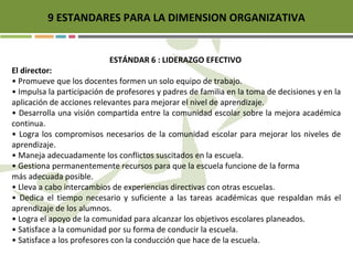 9 ESTANDARES PARA LA DIMENSION ORGANIZATIVA
ESTÁNDAR 6 : LIDERAZGO EFECTIVO
El director:
• Promueve que los docentes formen un solo equipo de trabajo.
• Impulsa la participación de profesores y padres de familia en la toma de decisiones y en la
aplicación de acciones relevantes para mejorar el nivel de aprendizaje.
• Desarrolla una visión compartida entre la comunidad escolar sobre la mejora académica
continua.
• Logra los compromisos necesarios de la comunidad escolar para mejorar los niveles de
aprendizaje.
• Maneja adecuadamente los conflictos suscitados en la escuela.
• Gestiona permanentemente recursos para que la escuela funcione de la forma
más adecuada posible.
• Lleva a cabo intercambios de experiencias directivas con otras escuelas.
• Dedica el tiempo necesario y suficiente a las tareas académicas que respaldan más el
aprendizaje de los alumnos.
• Logra el apoyo de la comunidad para alcanzar los objetivos escolares planeados.
• Satisface a la comunidad por su forma de conducir la escuela.
• Satisface a los profesores con la conducción que hace de la escuela.
 