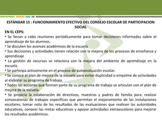 ESTÁNDAR 15 : FUNCIONAMIENTO EFECTIVO DEL CONSEJO ESCOLAR DE PARTICIPACION
SOCIAL
EN EL CEPS:
• Se llevan a cabo reuniones periódicamente para tomar decisiones informadas sobre el
aprendizaje de los alumnos.
• Se discuten los avances académicos de la escuela
• Sus decisiones y actividades tienen relación con la mejora de los procesos de enseñanza y
aprendizaje
• La gestión de recursos se relaciona con la mejora del ambiente de aprendizaje en la
escuela.
• Se participa activamente en el proceso de autoevaluación escolar.
• Se conoce el plan de mejora de la escuela para evitar duplicidad o empalme de actividades
al elaborar su programa de trabajo.
• Todas las acciones que forman parte de su programa de trabajo se articulan con el plan de
mejora de la escuela.
• Se propicia la colaboración de directivos, maestros y padres de familia para: realizar
convocatorias de trabajos específicos que permitan el mejoramiento de las instalaciones
escolares; tomar nota de los resultados de las evaluaciones que realicen las autoridades
educativas; conocer las metas educativas y apoyar actividades extraescolares para mejorar
los resultados académicos.
 