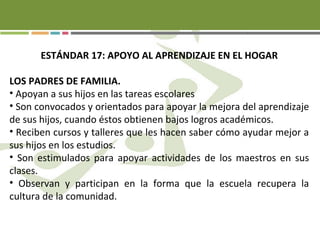 ESTÁNDAR 17: APOYO AL APRENDIZAJE EN EL HOGAR
LOS PADRES DE FAMILIA.
• Apoyan a sus hijos en las tareas escolares
• Son convocados y orientados para apoyar la mejora del aprendizaje
de sus hijos, cuando éstos obtienen bajos logros académicos.
• Reciben cursos y talleres que les hacen saber cómo ayudar mejor a
sus hijos en los estudios.
• Son estimulados para apoyar actividades de los maestros en sus
clases.
• Observan y participan en la forma que la escuela recupera la
cultura de la comunidad.
 