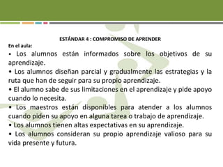 ESTÁNDAR 4 : COMPROMISO DE APRENDER
En el aula:
• Los alumnos están informados sobre los objetivos de su
aprendizaje.
• Los alumnos diseñan parcial y gradualmente las estrategias y la
ruta que han de seguir para su propio aprendizaje.
• El alumno sabe de sus limitaciones en el aprendizaje y pide apoyo
cuando lo necesita.
• Los maestros están disponibles para atender a los alumnos
cuando piden su apoyo en alguna tarea o trabajo de aprendizaje.
• Los alumnos tienen altas expectativas en su aprendizaje.
• Los alumnos consideran su propio aprendizaje valioso para su
vida presente y futura.
 