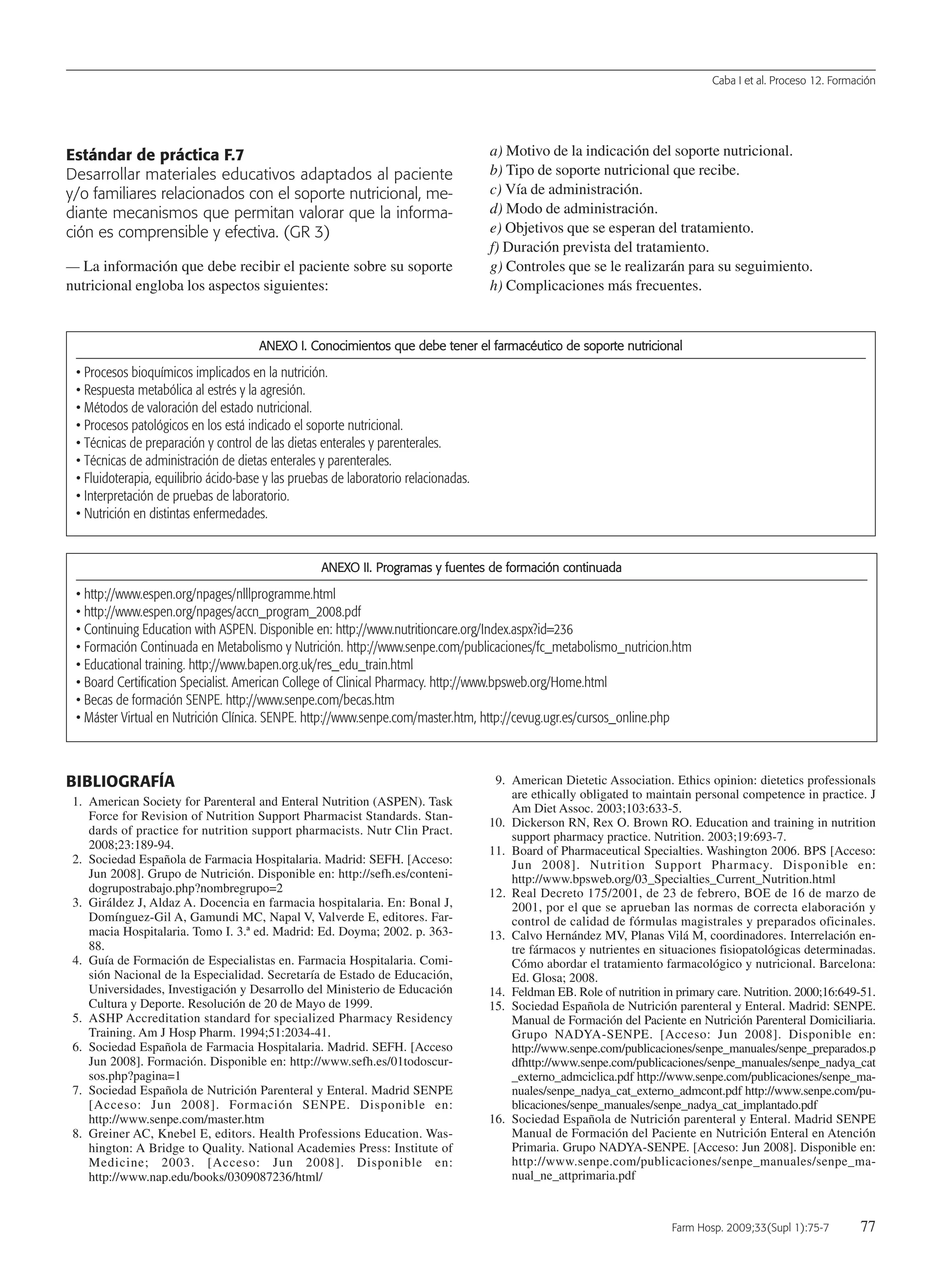 AANNEEXXOO II.. CCoonnoocciimmiieennttooss qquuee ddeebbee tteenneerr eell ffaarrmmaaccééuuttiiccoo ddee ssooppoorrttee nnuuttrriicciioonnaall
• Procesos bioquímicos implicados en la nutrición.
• Respuesta metabólica al estrés y la agresión.
• Métodos de valoración del estado nutricional.
• Procesos patológicos en los está indicado el soporte nutricional.
• Técnicas de preparación y control de las dietas enterales y parenterales.
• Técnicas de administración de dietas enterales y parenterales.
• Fluidoterapia, equilibrio ácido-base y las pruebas de laboratorio relacionadas.
• Interpretación de pruebas de laboratorio.
• Nutrición en distintas enfermedades.
AANNEEXXOO IIII.. PPrrooggrraammaass yy ffuueenntteess ddee ffoorrmmaacciióónn ccoonnttiinnuuaaddaa
• http://www.espen.org/npages/nlllprogramme.html
• http://www.espen.org/npages/accn_program_2008.pdf
• Continuing Education with ASPEN. Disponible en: http://www.nutritioncare.org/Index.aspx?id=236
• Formación Continuada en Metabolismo y Nutrición. http://www.senpe.com/publicaciones/fc_metabolismo_nutricion.htm
• Educational training. http://www.bapen.org.uk/res_edu_train.html
• Board Certification Specialist. American College of Clinical Pharmacy. http://www.bpsweb.org/Home.html
• Becas de formación SENPE. http://www.senpe.com/becas.htm
• Máster Virtual en Nutrición Clínica. SENPE. http://www.senpe.com/master.htm, http://cevug.ugr.es/cursos_online.php
Caba I et al. Proceso 12. Formación
Farm Hosp. 2009;33(Supl 1):75-7 77
Estándar de práctica F.7
Desarrollar materiales educativos adaptados al paciente
y/o familiares relacionados con el soporte nutricional, me-
diante mecanismos que permitan valorar que la informa-
ción es comprensible y efectiva. (GR 3)
— La información que debe recibir el paciente sobre su soporte
nutricional engloba los aspectos siguientes:
a) Motivo de la indicación del soporte nutricional.
b) Tipo de soporte nutricional que recibe.
c) Vía de administración.
d) Modo de administración.
e) Objetivos que se esperan del tratamiento.
f) Duración prevista del tratamiento.
g) Controles que se le realizarán para su seguimiento.
h) Complicaciones más frecuentes.
BIBLIOGRAFÍA
1. American Society for Parenteral and Enteral Nutrition (ASPEN). Task
Force for Revision of Nutrition Support Pharmacist Standards. Stan-
dards of practice for nutrition support pharmacists. Nutr Clin Pract.
2008;23:189-94.
2. Sociedad Española de Farmacia Hospitalaria. Madrid: SEFH. [Acceso:
Jun 2008]. Grupo de Nutrición. Disponible en: http://sefh.es/conteni-
dogrupostrabajo.php?nombregrupo=2
3. Giráldez J, Aldaz A. Docencia en farmacia hospitalaria. En: Bonal J,
Domínguez-Gil A, Gamundi MC, Napal V, Valverde E, editores. Far-
macia Hospitalaria. Tomo I. 3.ª ed. Madrid: Ed. Doyma; 2002. p. 363-
88.
4. Guía de Formación de Especialistas en. Farmacia Hospitalaria. Comi-
sión Nacional de la Especialidad. Secretaría de Estado de Educación,
Universidades, Investigación y Desarrollo del Ministerio de Educación
Cultura y Deporte. Resolución de 20 de Mayo de 1999.
5. ASHP Accreditation standard for specialized Pharmacy Residency
Training. Am J Hosp Pharm. 1994;51:2034-41.
6. Sociedad Española de Farmacia Hospitalaria. Madrid. SEFH. [Acceso
Jun 2008]. Formación. Disponible en: http://www.sefh.es/01todoscur-
sos.php?pagina=1
7. Sociedad Española de Nutrición Parenteral y Enteral. Madrid SENPE
[Acceso: Jun 2008]. Formación SENPE. Disponible en:
http://www.senpe.com/master.htm
8. Greiner AC, Knebel E, editors. Health Professions Education. Was-
hington: A Bridge to Quality. National Academies Press: Institute of
Medicine; 2003. [Acceso: Jun 2008]. Disponible en:
http://www.nap.edu/books/0309087236/html/
9. American Dietetic Association. Ethics opinion: dietetics professionals
are ethically obligated to maintain personal competence in practice. J
Am Diet Assoc. 2003;103:633-5.
10. Dickerson RN, Rex O. Brown RO. Education and training in nutrition
support pharmacy practice. Nutrition. 2003;19:693-7.
11. Board of Pharmaceutical Specialties. Washington 2006. BPS [Acceso:
Jun 2008]. Nutrition Support Pharmacy. Disponible en:
http://www.bpsweb.org/03_Specialties_Current_Nutrition.html
12. Real Decreto 175/2001, de 23 de febrero, BOE de 16 de marzo de
2001, por el que se aprueban las normas de correcta elaboración y
control de calidad de fórmulas magistrales y preparados oficinales.
13. Calvo Hernández MV, Planas Vilá M, coordinadores. Interrelación en-
tre fármacos y nutrientes en situaciones fisiopatológicas determinadas.
Cómo abordar el tratamiento farmacológico y nutricional. Barcelona:
Ed. Glosa; 2008.
14. Feldman EB. Role of nutrition in primary care. Nutrition. 2000;16:649-51.
15. Sociedad Española de Nutrición parenteral y Enteral. Madrid: SENPE.
Manual de Formación del Paciente en Nutrición Parenteral Domiciliaria.
Grupo NADYA-SENPE. [Acceso: Jun 2008]. Disponible en:
http://www.senpe.com/publicaciones/senpe_manuales/senpe_preparados.p
dfhttp://www.senpe.com/publicaciones/senpe_manuales/senpe_nadya_cat
_externo_admciclica.pdf http://www.senpe.com/publicaciones/senpe_ma-
nuales/senpe_nadya_cat_externo_admcont.pdf http://www.senpe.com/pu-
blicaciones/senpe_manuales/senpe_nadya_cat_implantado.pdf
16. Sociedad Española de Nutrición parenteral y Enteral. Madrid SENPE
Manual de Formación del Paciente en Nutrición Enteral en Atención
Primaria. Grupo NADYA-SENPE. [Acceso: Jun 2008]. Disponible en:
http://www.senpe.com/publicaciones/senpe_manuales/senpe_ma-
nual_ne_attprimaria.pdf
13 Proceso 12 (75-77).QXp 16/12/08 15:22 Página 77
Documento descargado de http://www.elsevier.es el 18/05/2009. Copia para uso personal, se prohíbe la transmisión de este documento por cualquier medio o formato.
 
