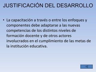 JUSTIFICACIÓN DEL DESARROLLO La capacitación a través o entre los enfoques y componentes debe adaptarse a las nuevas  competencias de los distintos niveles de formación docente  y de otros actores involucrados en el cumplimiento de las metas de la institución educativa. 