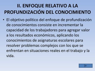 II. ENFOQUE RELATIVO A LA PROFUNDIZACIÓN DEL CONOCIMIENTO El objetivo político del enfoque de profundización de conocimientos consiste en incrementar la capacidad de los trabajadores para agregar valor a los resultados económicos, aplicando los conocimientos de asignaturas escolares para resolver problemas complejos con los que se enfrentan en situaciones reales en el trabajo y la vida. 