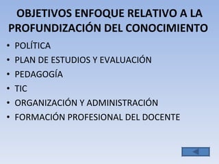 OBJETIVOS  ENFOQUE RELATIVO A LA PROFUNDIZACIÓN DEL CONOCIMIENTO   POLÍTICA PLAN DE ESTUDIOS Y EVALUACIÓN PEDAGOGÍA TIC ORGANIZACIÓN Y ADMINISTRACIÓN FORMACIÓN PROFESIONAL DEL DOCENTE 