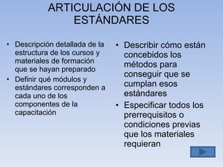 ARTICULACIÓN DE LOS ESTÁNDARES Descripción detallada de  la estructura de los cursos y materiales de formación que se hayan preparado Definir qué módulos y estándares corresponden a cada uno de los componentes de la capacitación  Describir cómo están concebidos los métodos para conseguir que se cumplan esos estándares Especificar todos los prerrequisitos o condiciones previas que los materiales requieran 