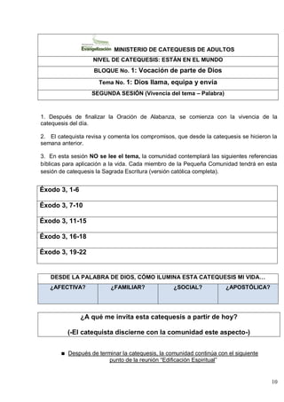 10
MINISTERIO DE CATEQUESIS DE ADULTOS
NIVEL DE CATEQUESIS: ESTÁN EN EL MUNDO
BLOQUE No. 1: Vocación de parte de Dios
Tema No. 1: Dios llama, equipa y envía
SEGUNDA SESIÓN (Vivencia del tema – Palabra)
1. Después de finalizar la Oración de Alabanza, se comienza con la vivencia de la
catequesis del día.
2. El catequista revisa y comenta los compromisos, que desde la catequesis se hicieron la
semana anterior.
3. En esta sesión NO se lee el tema, la comunidad contemplará las siguientes referencias
bíblicas para aplicación a la vida. Cada miembro de la Pequeña Comunidad tendrá en esta
sesión de catequesis la Sagrada Escritura (versión católica completa).
Éxodo 3, 1-6
Éxodo 3, 7-10
Éxodo 3, 11-15
Éxodo 3, 16-18
Éxodo 3, 19-22
DESDE LA PALABRA DE DIOS, CÓMO ILUMINA ESTA CATEQUESIS MI VIDA…
¿AFECTIVA? ¿FAMILIAR? ¿SOCIAL? ¿APOSTÓLICA?
¿A qué me invita esta catequesis a partir de hoy?
(-El catequista discierne con la comunidad este aspecto-)
Después de terminar la catequesis, la comunidad continúa con el siguiente
punto de la reunión ―Edificación Espiritual‖
 