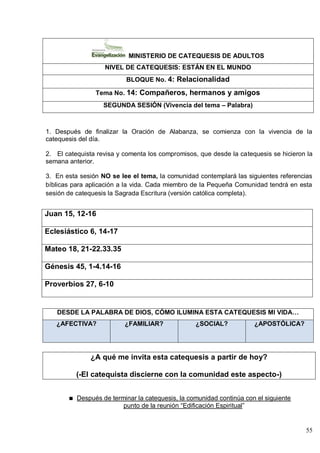 55
MINISTERIO DE CATEQUESIS DE ADULTOS
NIVEL DE CATEQUESIS: ESTÁN EN EL MUNDO
BLOQUE No. 4: Relacionalidad
Tema No. 14: Compañeros, hermanos y amigos
SEGUNDA SESIÓN (Vivencia del tema – Palabra)
1. Después de finalizar la Oración de Alabanza, se comienza con la vivencia de la
catequesis del día.
2. El catequista revisa y comenta los compromisos, que desde la catequesis se hicieron la
semana anterior.
3. En esta sesión NO se lee el tema, la comunidad contemplará las siguientes referencias
bíblicas para aplicación a la vida. Cada miembro de la Pequeña Comunidad tendrá en esta
sesión de catequesis la Sagrada Escritura (versión católica completa).
Juan 15, 12-16
Eclesiástico 6, 14-17
Mateo 18, 21-22.33.35
Génesis 45, 1-4.14-16
Proverbios 27, 6-10
DESDE LA PALABRA DE DIOS, CÓMO ILUMINA ESTA CATEQUESIS MI VIDA…
¿AFECTIVA? ¿FAMILIAR? ¿SOCIAL? ¿APOSTÓLICA?
¿A qué me invita esta catequesis a partir de hoy?
(-El catequista discierne con la comunidad este aspecto-)
Después de terminar la catequesis, la comunidad continúa con el siguiente
punto de la reunión ―Edificación Espiritual‖
 