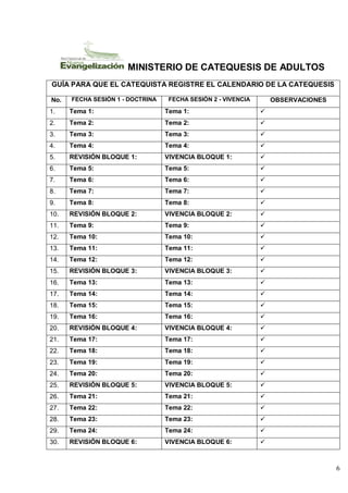 6
MINISTERIO DE CATEQUESIS DE ADULTOS
GUÍA PARA QUE EL CATEQUISTA REGISTRE EL CALENDARIO DE LA CATEQUESIS
No. FECHA SESIÓN 1 - DOCTRINA FECHA SESIÓN 2 - VIVENCIA OBSERVACIONES
1. Tema 1: Tema 1: 
2. Tema 2: Tema 2: 
3. Tema 3: Tema 3: 
4. Tema 4: Tema 4: 
5. REVISIÓN BLOQUE 1: VIVENCIA BLOQUE 1: 
6. Tema 5: Tema 5: 
7. Tema 6: Tema 6: 
8. Tema 7: Tema 7: 
9. Tema 8: Tema 8: 
10. REVISIÓN BLOQUE 2: VIVENCIA BLOQUE 2: 
11. Tema 9: Tema 9: 
12. Tema 10: Tema 10: 
13. Tema 11: Tema 11: 
14. Tema 12: Tema 12: 
15. REVISIÓN BLOQUE 3: VIVENCIA BLOQUE 3: 
16. Tema 13: Tema 13: 
17. Tema 14: Tema 14: 
18. Tema 15: Tema 15: 
19. Tema 16: Tema 16: 
20. REVISIÓN BLOQUE 4: VIVENCIA BLOQUE 4: 
21. Tema 17: Tema 17: 
22. Tema 18: Tema 18: 
23. Tema 19: Tema 19: 
24. Tema 20: Tema 20: 
25. REVISIÓN BLOQUE 5: VIVENCIA BLOQUE 5: 
26. Tema 21: Tema 21: 
27. Tema 22: Tema 22: 
28. Tema 23: Tema 23: 
29. Tema 24: Tema 24: 
30. REVISIÓN BLOQUE 6: VIVENCIA BLOQUE 6: 
 