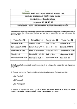 63
MINISTERIO DE CATEQUESIS DE ADULTOS
NIVEL DE CATEQUESIS: ESTÁN EN EL MUNDO
BLOQUE No. 4: Relacionalidad
Temas Nos. 13, 14, 15, 16
VIVENCIA DE TODOS LOS TEMAS DEL BLOQUE: SEGUNDA SESIÓN
Es importante y necesario que cada miembro de la Pequeña Comunidad, reflexione durante la
semana sobre las referencias bíblicas que ya fueron conocidas en las catequesis del
BLOQUE, así:
Tema No.: 13 Tema No.: 14 Tema No.: 15 Tema No.: 16
Hechos 2, 42-47 Juan 15, 12-16 Juan 17, 1-8 1 Juan 4, 8-12
Colosenses 4, 10-15 Eclesiástico 6, 14-17 Éxodo 3, 14-16 Cantar 2, 10.14-17
Eclesiastés 4, 9-12 Mateo 18, 21-22.33.35 Éxodo 33, 11-15 Colosenses 3, 14-17
Filemón 1-5 Génesis 45, 1-4.14-16 Ruth 1, 16-22 1 Corintios 13, 4-8
1 Tesalonicenses 5, 21-26 Proverbios 27, 6-10 Romanos 12, 10-16 Juan 15, 9-13
En la Pequeña Comunidad -en el momento de la catequesis- responder las siguientes
preguntas:
1. De qué manera la Palabra de Dios ha iluminado tu vida: En las áreas de…
¿La Familia?
¿El Trabajo?
¿La Parroquia?
2. Desde la Palabra de Dios, ¿QUÉ OTROS APORTES PODEMOS HACER PARA
COMPLEMENTAR Y ENRIQUECER ESTA VIVENCIA DE BLOQUE?
 
