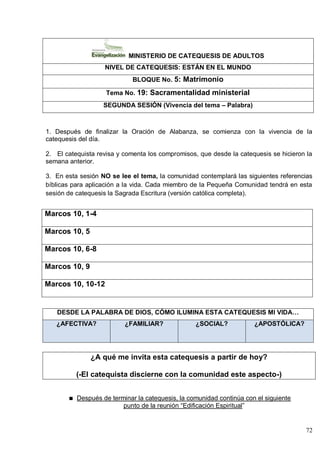 72
MINISTERIO DE CATEQUESIS DE ADULTOS
NIVEL DE CATEQUESIS: ESTÁN EN EL MUNDO
BLOQUE No. 5: Matrimonio
Tema No. 19: Sacramentalidad ministerial
SEGUNDA SESIÓN (Vivencia del tema – Palabra)
1. Después de finalizar la Oración de Alabanza, se comienza con la vivencia de la
catequesis del día.
2. El catequista revisa y comenta los compromisos, que desde la catequesis se hicieron la
semana anterior.
3. En esta sesión NO se lee el tema, la comunidad contemplará las siguientes referencias
bíblicas para aplicación a la vida. Cada miembro de la Pequeña Comunidad tendrá en esta
sesión de catequesis la Sagrada Escritura (versión católica completa).
Marcos 10, 1-4
Marcos 10, 5
Marcos 10, 6-8
Marcos 10, 9
Marcos 10, 10-12
DESDE LA PALABRA DE DIOS, CÓMO ILUMINA ESTA CATEQUESIS MI VIDA…
¿AFECTIVA? ¿FAMILIAR? ¿SOCIAL? ¿APOSTÓLICA?
¿A qué me invita esta catequesis a partir de hoy?
(-El catequista discierne con la comunidad este aspecto-)
Después de terminar la catequesis, la comunidad continúa con el siguiente
punto de la reunión ―Edificación Espiritual‖
 