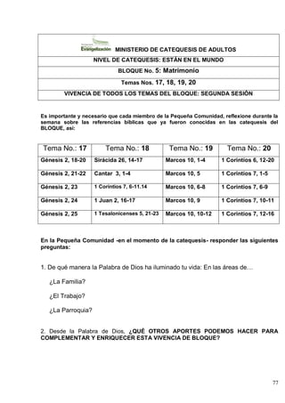 77
MINISTERIO DE CATEQUESIS DE ADULTOS
NIVEL DE CATEQUESIS: ESTÁN EN EL MUNDO
BLOQUE No. 5: Matrimonio
Temas Nos. 17, 18, 19, 20
VIVENCIA DE TODOS LOS TEMAS DEL BLOQUE: SEGUNDA SESIÓN
Es importante y necesario que cada miembro de la Pequeña Comunidad, reflexione durante la
semana sobre las referencias bíblicas que ya fueron conocidas en las catequesis del
BLOQUE, así:
Tema No.: 17 Tema No.: 18 Tema No.: 19 Tema No.: 20
Génesis 2, 18-20 Sirácida 26, 14-17 Marcos 10, 1-4 1 Corintios 6, 12-20
Génesis 2, 21-22 Cantar 3, 1-4 Marcos 10, 5 1 Corintios 7, 1-5
Génesis 2, 23 1 Corintios 7, 6-11.14 Marcos 10, 6-8 1 Corintios 7, 6-9
Génesis 2, 24 1 Juan 2, 16-17 Marcos 10, 9 1 Corintios 7, 10-11
Génesis 2, 25 1 Tesalonicenses 5, 21-23 Marcos 10, 10-12 1 Corintios 7, 12-16
En la Pequeña Comunidad -en el momento de la catequesis- responder las siguientes
preguntas:
1. De qué manera la Palabra de Dios ha iluminado tu vida: En las áreas de…
¿La Familia?
¿El Trabajo?
¿La Parroquia?
2. Desde la Palabra de Dios, ¿QUÉ OTROS APORTES PODEMOS HACER PARA
COMPLEMENTAR Y ENRIQUECER ESTA VIVENCIA DE BLOQUE?
 