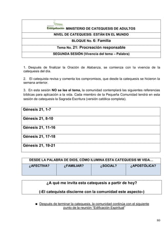 80
MINISTERIO DE CATEQUESIS DE ADULTOS
NIVEL DE CATEQUESIS: ESTÁN EN EL MUNDO
BLOQUE No. 6: Familia
Tema No. 21: Procreación responsable
SEGUNDA SESIÓN (Vivencia del tema – Palabra)
1. Después de finalizar la Oración de Alabanza, se comienza con la vivencia de la
catequesis del día.
2. El catequista revisa y comenta los compromisos, que desde la catequesis se hicieron la
semana anterior.
3. En esta sesión NO se lee el tema, la comunidad contemplará las siguientes referencias
bíblicas para aplicación a la vida. Cada miembro de la Pequeña Comunidad tendrá en esta
sesión de catequesis la Sagrada Escritura (versión católica completa).
Génesis 21, 1-7
Génesis 21, 8-10
Génesis 21, 11-16
Génesis 21, 17-18
Génesis 21, 19-21
DESDE LA PALABRA DE DIOS, CÓMO ILUMINA ESTA CATEQUESIS MI VIDA…
¿AFECTIVA? ¿FAMILIAR? ¿SOCIAL? ¿APOSTÓLICA?
¿A qué me invita esta catequesis a partir de hoy?
(-El catequista discierne con la comunidad este aspecto-)
Después de terminar la catequesis, la comunidad continúa con el siguiente
punto de la reunión ―Edificación Espiritual‖
 