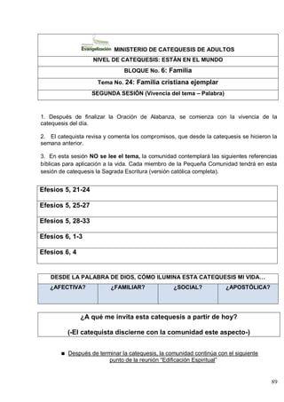 89
MINISTERIO DE CATEQUESIS DE ADULTOS
NIVEL DE CATEQUESIS: ESTÁN EN EL MUNDO
BLOQUE No. 6: Familia
Tema No. 24: Familia cristiana ejemplar
SEGUNDA SESIÓN (Vivencia del tema – Palabra)
1. Después de finalizar la Oración de Alabanza, se comienza con la vivencia de la
catequesis del día.
2. El catequista revisa y comenta los compromisos, que desde la catequesis se hicieron la
semana anterior.
3. En esta sesión NO se lee el tema, la comunidad contemplará las siguientes referencias
bíblicas para aplicación a la vida. Cada miembro de la Pequeña Comunidad tendrá en esta
sesión de catequesis la Sagrada Escritura (versión católica completa).
Efesios 5, 21-24
Efesios 5, 25-27
Efesios 5, 28-33
Efesios 6, 1-3
Efesios 6, 4
DESDE LA PALABRA DE DIOS, CÓMO ILUMINA ESTA CATEQUESIS MI VIDA…
¿AFECTIVA? ¿FAMILIAR? ¿SOCIAL? ¿APOSTÓLICA?
¿A qué me invita esta catequesis a partir de hoy?
(-El catequista discierne con la comunidad este aspecto-)
Después de terminar la catequesis, la comunidad continúa con el siguiente
punto de la reunión ―Edificación Espiritual‖
 
