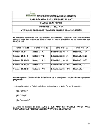 91
MINISTERIO DE CATEQUESIS DE ADULTOS
NIVEL DE CATEQUESIS: ESTÁN EN EL MUNDO
BLOQUE No. 6: Familia
Temas Nos. 21, 22, 23, 24
VIVENCIA DE TODOS LOS TEMAS DEL BLOQUE: SEGUNDA SESIÓN
Es importante y necesario que cada miembro de la Pequeña Comunidad, reflexione durante la
semana sobre las referencias bíblicas que ya fueron conocidas en las catequesis del
BLOQUE, así:
Tema No.: 21 Tema No.: 22 Tema No.: 23 Tema No.: 24
Génesis 21, 1-7 Mateo 2, 1-6 Eclesiástico 30, 1-4 Efesios 5, 21-24
Génesis 21, 8-10 Mateo 2, 7-12 Eclesiástico 30, 5-7 Efesios 5, 25-27
Génesis 21, 11-16 Mateo 2, 13-15 Eclesiástico 30, 8-9 Efesios 5, 28-33
Génesis 21, 17-18 Mateo 2, 16 Eclesiástico 30, 10-11 Efesios 6, 1-3
Génesis 21, 19-21 Mateo 2, 17-18 Eclesiástico 30, 12-13 Efesios 6, 4
En la Pequeña Comunidad -en el momento de la catequesis- responder las siguientes
preguntas:
1. De qué manera la Palabra de Dios ha iluminado tu vida: En las áreas de…
¿La Familia?
¿El Trabajo?
¿La Parroquia?
2. Desde la Palabra de Dios, ¿QUÉ OTROS APORTES PODEMOS HACER PARA
COMPLEMENTAR Y ENRIQUECER ESTA VIVENCIA DE BLOQUE?
 