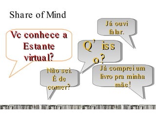 Share of Mind Vc conhece a Estante virtual? Já ouvi falar. Q’isso? Já comprei um livro pra minha mãe! Não sei. É de comer? 
