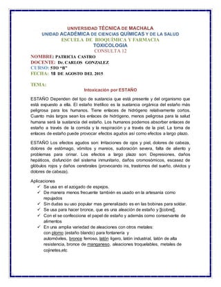 UNIVERSIDAD TÉCNICA DE MACHALA
UNIDAD ACADÉMICA DE CIENCIAS QUÍMICAS Y DE LA SALUD
ESCUELA DE BIOQUÍMICA Y FARMACIA
TOXICO...