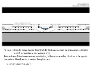 ESTUDO DE CASO
ESTAÇÕES INTERMODAIS
SUBDIVISÃO POR NÍVEL
Térreo – Grande praça linear, terminal de ônibus e acesso ao mezanino, edifícios
multifuncionais e estacionamentos.
Mezanino – Estacionamentos, sanitários, bilheterias e salas técnicas e de apoio.
Subsolo – Plataformas da nova Estação Lapa.
 