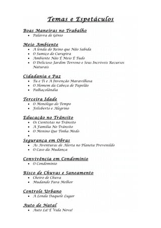 Temas e Espetáculos

Boas Maneiras no Trabalho
  •   Palavra de Gênio

Meio Ambiente
  •   A lenda do Reino que Não Sabida
  •   O Sumiço do Curupira
  •   Ambiente Não É Meio É Tudo
  •   O Delicioso Jardim Terreno e Seus Incríveis Recursos
      Naturais

Cidadania e Paz
  •   Tu e Ti e A Invenção Maravilhosa
  •   O Homem da Cabeça de Papelão
  •   Palhaçolândia

Terceira Idade
  •   O Monólogo do Tempo
  •   Felisberto e Alegrino

Educação no Trânsito
  •   Os Cientistas no Trânsito
  •   A Família No Trânsito
  •   O Menino Que Tinha Medo
  •
Segurança em Obras
  •   As Aventuras de Alerta no Planeta Prevenildo
  •   O Caso da Mudança

Convivência em Condomínio
  •   O Condomínio

Risco de Chuvas e Saneamento
  •   Cheiro de Chuva
  •   Mudando Para Melhor

Controle Urbano
  •   A Lenda Daquele Lugar

Auto de Natal
  •   Auto Lá! É Vida Nova!
 