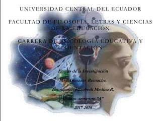 UNIVERSIDAD CENTRAL DEL ECUADOR
FACULTAD DE FILOSOFÍA, LETRAS Y CIENCIAS
DE LA EDUCACIÓN
CARRERA DE PSICOLOGÍA EDUCATIVA Y
ORIENTACIÓN
Etapas de la Investigación
Msc. Gonzalo Remache.
Estudiante: Elizabeth Medina R.
Quinto semestre “A”
2017-2018
 