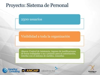 Proyecto: Sistema de Personal

       2500 usuarios




       Visibilidad a toda la organización



       Abarca: Control de Asistencia, ingreso de justificaciones
       de horas trabajadas o no y proceso para su autorización,
       interfaz con el sistema de sueldos, consultas
 