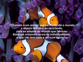 O homem é um animal que vai mudando o mundo, e depois tem de ir se reciclando,  para se adaptar ao mundo que fabricou. Estamos entrando na era da individualidade,  o que não tem nada a ver com egoísmo. 