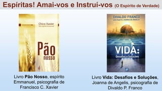 Livro Pão Nosso, espírito
Emmanuel, psicografia de
Francisco C. Xavier
Espíritas! Amai-vos e Instruí-vos (O Espírito de Verdade)
Livro Vida: Desafios e Soluções,
Joanna de Angelis, psicografia de
Divaldo P. Franco
 