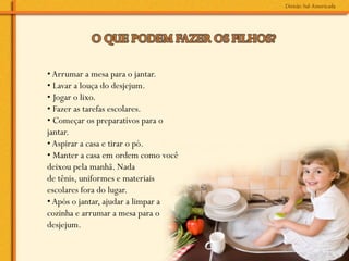 • Arrumar a mesa para o jantar.
• Lavar a louça do desjejum.
• Jogar o lixo.
• Fazer as tarefas escolares.
• Começar os preparativos para o
jantar.
• Aspirar a casa e tirar o pó.
• Manter a casa em ordem como você
deixou pela manhã. Nada
de tênis, uniformes e materiais
escolares fora do lugar.
• Após o jantar, ajudar a limpar a
cozinha e arrumar a mesa para o
desjejum.
 