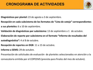 Subsecretaría de Educación Media SuperiorDirección General del Bachillerato4. El subsistema analiza y evalúa los avances en la consecución de metas referidas a los requisitos de ingreso o permanencia e instruye, si es el caso, a los planteles a solicitar  la evaluación por parte de un OE. 5. Con base en la emisión de convocatorias de ingreso de planteles al SNB, los subsistemas federales deberán notificar mediante el formato “Reporte de resultados del autodiagnóstico” el estatus que guardan los planteles bajo su responsabilidad a la Dirección General del Bachillerato para la actualización de datos correspondiente.6. La DGB remitirá el reporte actualizado a la SEMS, para la autorización correspondiente. 
