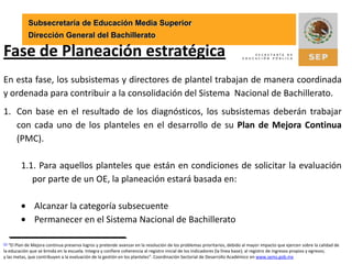 Subsecretaría de Educación Media SuperiorDirección General del Bachillerato8.  La SEE o su equivalente remitirá el reporte de resultados de esta etapa a la DGB para que ésta integre el reporte de resultados de esta etapa en los subsistemas estatales. 9. La Dirección General del Bachillerato remitirá el reporte de resultados de esta etapa a la SEMS.10. Con el visto bueno de la autoridad responsable, cada subsistema instruirá a sus planteles seleccionados a solicitar la evaluación por parte de un OE, si es el caso. 
