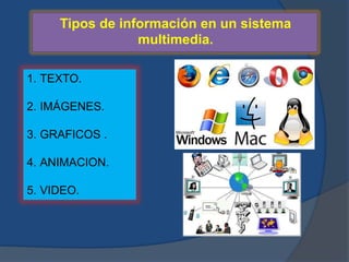 Tipos de información en un sistema 
multimedia. 
1. TEXTO. 
2. IMÁGENES. 
3. GRAFICOS . 
4. ANIMACION. 
5. VIDEO. 
 