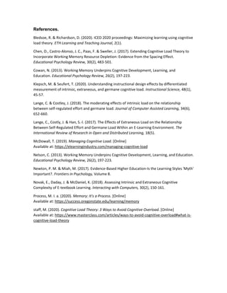 References.
Bledsoe, R. & Richardson, D. (2020). ICED 2020 proceedings: Maximizing learning using cognitive
load theory. ETH Learning and Teaching Journal, 2(1).
Chen, O., Castro-Alonso, J. C., Paas, F. & Sweller, J. (2017). Extending Cognitive Load Theory to
Incorporate Working Memory Resource Depletion: Evidence from the Spacing Effect.
Educational Psychology Review, 30(2), 483-501.
Cowan, N. (2013). Working Memory Underpins Cognitive Development, Learning, and
Education. Educational Psychology Review, 26(2), 197-223.
Klepsch, M. & Seufert, T. (2020). Understanding instructional design effects by differentiated
measurement of intrinsic, extraneous, and germane cognitive load. Instructional Science, 48(1),
45-57.
Lange, C. & Costley, J. (2018). The moderating effects of intrinsic load on the relationship
between self-regulated effort and germane load. Journal of Computer Assisted Learning, 34(6),
652-660.
Lange, C., Costly, J. & Han, S.-l. (2017). The Effects of Extraneous Load on the Relationship
Between Self-Regulated Effort and Germane Load Within an E-Learning Environment. The
International Review of Research in Open and Distributed Learning, 18(5).
McDowall, T. (2019). Managing Cognitive Load. [Online]
Available at: https://elearningindustry.com/managing-cognitive-load
Nelson, C. (2013). Working Memory Underpins Cognitive Development, Learning, and Education.
Educational Psychology Review, 26(2), 197-223.
Newton, P. M. & Miah, M. (2017). Evidence-Based Higher Education-Is the Learning Styles 'Myth'
Important?. Frontiers in Psychology, Volume 8.
Novak, E., Daday, J. & McDaniel, K. (2018). Assessing Intrinsic and Extraneous Cognitive
Complexity of E-textbook Learning. Interacting with Computers, 30(2), 150-161.
Process, M. I. a. (2020). Memory: It's a Process. [Online]
Available at: https://success.oregonstate.edu/learning/memory
staff, M. (2020). Cognitive Load Theory: 3 Ways to Avoid Cognitive Overload. [Online]
Available at: https://www.masterclass.com/articles/ways-to-avoid-cognitive-overload#what-is-
cognitive-load-theory
 