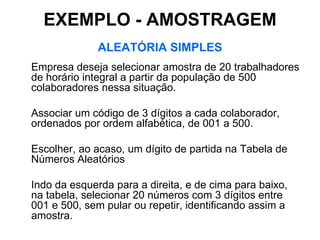 EXEMPLO - AMOSTRAGEM
              ALEATÓRIA SIMPLES
Empresa deseja selecionar amostra de 20 trabalhadores
de horário integral a partir da população de 500
colaboradores nessa situação.

Associar um código de 3 dígitos a cada colaborador,
ordenados por ordem alfabética, de 001 a 500.

Escolher, ao acaso, um dígito de partida na Tabela de
Números Aleatórios

Indo da esquerda para a direita, e de cima para baixo,
na tabela, selecionar 20 números com 3 dígitos entre
001 e 500, sem pular ou repetir, identificando assim a
amostra.
 