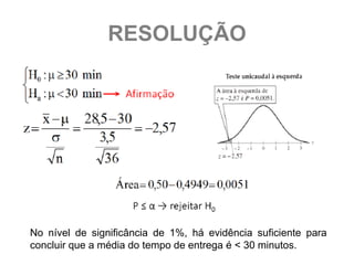 RESOLUÇÃO




No nível de significância de 1%, há evidência suficiente para
concluir que a média do tempo de entrega é < 30 minutos.
 