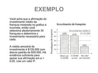 EXEMPLO
Você acha que a afirmação do
investimento médio da
franquia mostrada no gráfico é
incorreta, então você
seleciona aleatoriamente 30
franquias e determina o
investimento necessário para
cada.

A média amostral de
investimento é $135.000 com
desvio padrão de $30.000. Há
evidência suficiente para
apoiar sua afirmação em α =
0,05. Use um valor P.
 