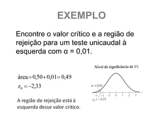 EXEMPLO
Encontre o valor crítico e a região de
rejeição para um teste unicaudal à
esquerda com α = 0,01.
 