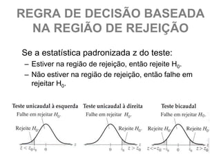 REGRA DE DECISÃO BASEADA
  NA REGIÃO DE REJEIÇÃO
Se a estatística padronizada z do teste:
 – Estiver na região de rejeição, então rejeite H0.
 – Não estiver na região de rejeição, então falhe em
   rejeitar H0.
 