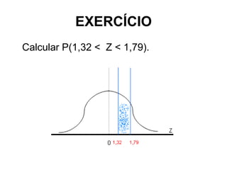 EXERCÍCIO
Calcular P(1,32 < Z < 1,79).
 