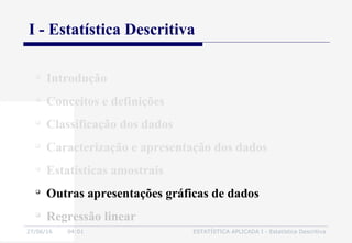 27/06/16 04:01 ESTATÍSTICA APLICADA I - Estatística Descritiva

Introdução

Conceitos e definições

Classificação dos dados

Caracterização e apresentação dos dados

Estatísticas amostrais

Outras apresentações gráficas de dados

Regressão linear
I - Estatística Descritiva
 