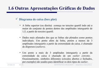 27/06/16 04:01 ESTATÍSTICA APLICADA I - Estatística Descritiva
 Diagrama de caixa (box plot)
1.6 Outras Apresentações Gráficas de Dados
• A linha superior (ou direita) começa no terceiro quartil indo até o
maior do conjunto de pontos dentro das amplitudes interquartis de
1,5, a partir do terceiro quartil.
• Dados mais afastados dos que as linhas são plotados como pontos
individuais. Um ponto além da linha, porém a menos de 3
amplitudes interquartis a partir da extremidade da caixa, é chamado
de dispersos (outliers).
• Um ponto a mais de 3 amplitudes interquartis a partir da
extremidade da caixa é chamado de um outlier extremo.
Ocasionalmente, símbolos diferentes (círculos abertos e fechados,
por exemplo) são usados para identificar os dois tipos de outlier.
 